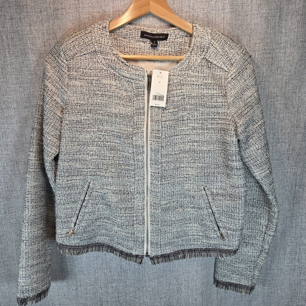 Banana Republic Boucle Tweed Blazer Size 4 Knit Fringe Zip Front Jacket Pockets